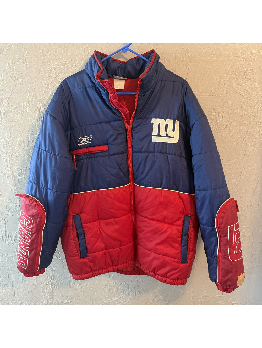 Vintage Reebok New York Giants Puffer Jacket Mens Large Full Zip Colorblock NFL